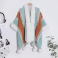 Ethnic style faux fur trimmed cape shawl with pompoms, colorful woven winter warm outerwear. - Light Green