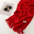 Detailed view of red knitted scarf with fringe and brand label, soft fabric for winter. - Red