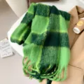Green plaid fuzzy winter scarf with fringe, soft warm neck wrap for women cold weather. - Fairy Green