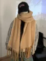 Thick camel winter scarf for women, cozy plush fringe shawl and versatile warm neck wrap. - Camel