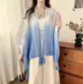 Women Blue White Gradient Lace Hollow Shawl Cape Travel Beachwear Sunscreen Summer - Blue