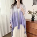Gradient hollow knit shawl cape for women, white and purple thin variant fashion cover-up. - Purple