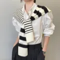 Black and white striped knitted scarf shawl, versatile winter neck warmer and stylish shoulder wrap. - White