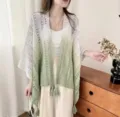 Gradient green lace hollow shawl for women, stylish cloak outerwear and travel cape top. - Green