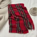 Cozy red tartan plaid cashmere feel winter scarf with stylish fringe for daily wear. - No.3 / 180cm