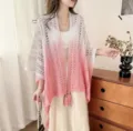 Gradient lace hollow knit cape, women open front shawl, elegant summer beach vacation outer wear. - Peach Pink
