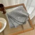 Grey wool blend knitted winter scarf with cute white ribbon embroidery, cozy korean style warm neck - Gray