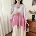 Mantellina lavorata a maglia sfumata donna frange traforate moda elegante coprispalle chic - Rosa Magenta