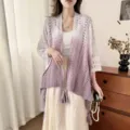 Scialle sfumato in pizzo traforato da donna, elegante cardigan leggero mantella per viaggi. - colore moka
