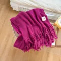 Magenta knitted winter scarf with long fringes, soft solid color thick woolen neck warmer SKU. - Rose Red