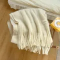Cozy solid color knitted winter scarf with long tassels, soft and warm wool-like fabric for women. - Off White