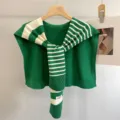 Green white striped knit shawl scarf stylish women winter warm fashion elegant chic outerwear apparel - Green