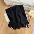 Black knit scarf with long fringes for women, cozy winter warm thick solid color neck wrap. - Black