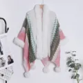 Women's ethnic knit shawl cape with fluffy faux fur collar and cute pom pom tassel details. - Pink