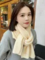 Cozy winter knit scarf for women and men, thick warm wool neck wrap in solid light yellow color. - Off White
