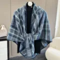 Women's blue plaid warm triangular shawl scarf, stylish autumn winter cozy outerwear wrap. - Blue