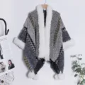 Women ethnic grey knit cape shawl with white faux fur collar and pom poms winter warm poncho - Gray