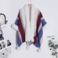 Boho knit shawl with plush collar and pom-poms, cozy winter warm cape for women. - Burgundy