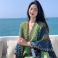 Ethnic style knit shawl cape blue multi-color zigzag cozy outerwear for travel and daily wear. - Green