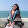 Ethnic style knit shawl blue cape women fringe knitted poncho autumn outer wear travel - Blue
