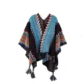 Knitted bohemian fringe poncho cape for women, ethnic style cozy outerwear shawl winter. - Sky Blue