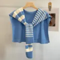 Blue striped knitted shawl scarf for women, stylish fake sleeve neck warmer knitwear chic. - Sky Blue