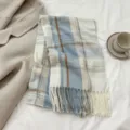 Blue and white plaid imitation cashmere scarf detail showing soft fringe and cozy winter texture. - Size 11 / 180cm