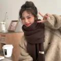 Solid color dark brown plush winter scarf, soft fleece warm neck wrap for women. - Coffee