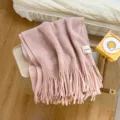 Pink knitted winter scarf with long fringe, cozy soft solid color warm wool-blend winter neck wrap. - Lotus Pink