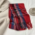 Detailed view of winter classic red plaid cashmere-like warm scarf with fringe hem. - Size 12 / 180cm