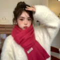 Fluffy plush winter scarf for women, warm thick solid color tassel neck warmer for cold days - Dragon Fruit Color