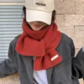 Winter warm solid color knitted scarf for women, trendy couple woolen neck warmer. - Burgundy