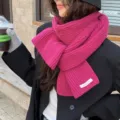 Women solid color knitted scarf winter warm fuchsia ribbed design daily fashion wear - Raspberry Red