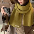 Solid green ribbed knit winter scarf, cozy warm knitted neck warmer for women and couple. - Mustard Green