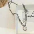 Stainless steel multi-layer necklace with coin and key pendants for women streetwear chic. - Silver Style