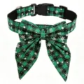 Christmas green plaid dog collar with bow tie, holiday pet accessory for medium dogs. - Green & Black Snowflake
