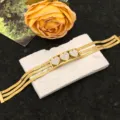 Gold multi-strand herringbone chain bracelet with triple heart rhinestone pendant for women. - Three Paved Rhinestone Hearts Bracelet / Gold