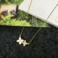Primo piano dettagliato di una elegante collana con ciondolo a trifoglio in acciaio con zirconi. - Collana Quadrifoglio in Opale / Oro