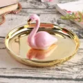 Nordic ceramic flamingo jewelry tray, gold-trimmed pink ring storage dish for home decor. - Gold Tray with Flamingo