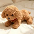 Lindo cachorro de peluche rizado marrón osito de peluche con collar rojo variante. - Tendido Teddy - Marrón Oscuro