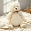 Cute fluffy white teddy bear plush toy sitting with brown ribbon, soft doll for kids gifts. - 27cm / White Bear
