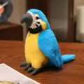 Detailed close-up shot of a soft blue and yellow plush parrot toy on a wooden table. - Blue Parrot / 24cm