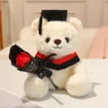 Süßer Abschluss Plüsch Teddybär Puppe mit Doktorhut und rotem Rosenstrauß für Geschenk. - 23cm / Weiße Bär - Roter Kragen