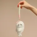 Cute white seal plush keychain bag charm with pink metal clasp and wrist strap for women - White