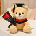 Peluche d'ours de graduation jaune mignonne tenant une rose rouge cadeau étudiant 1pc - 23cm / Ours Brun Clair - Col Rouge