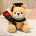 Peluche ours en peluche de remise des diplômes avec bouquet de roses rouges, mignon. - 23cm / Ours Brun Clair - Col Gris