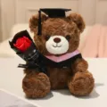 Mignon ours en peluche marron de remise de diplôme avec rose rouge cadeau pour étudiants. - 23cm / Ours Brun Foncé - Col Rose