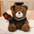 Ours en peluche de graduation avec bouquet de rose rouge, adorable doudou cadeau fille. - 23cm / Ours Brun Foncé - Col Gris