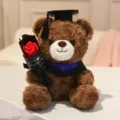 Ours en peluche de remise des diplômes avec chapeau de docteur et bouquet de roses cadeau - 23cm / Ours Brun Foncé - Col Bleu