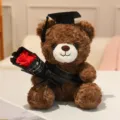 Mignon peluche ours en peluche de remise des diplômes avec bouquet de roses rouges. - 23cm / Ours Brun Foncé - Écharpe